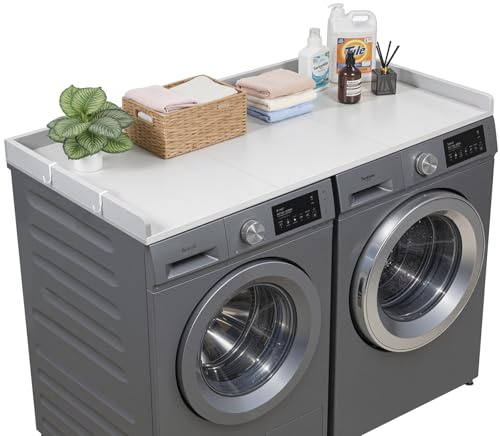 VEVOR Piano di Lavoro per Lavatrice e Asciugatrice 137 x 69,9 cm, Piano d'Appoggio per Lavatrice con Bordi Rialzati e Ganci, Struttura in Legno Liscio per Zona Lavanderia, Ampia Superficie, Grigio