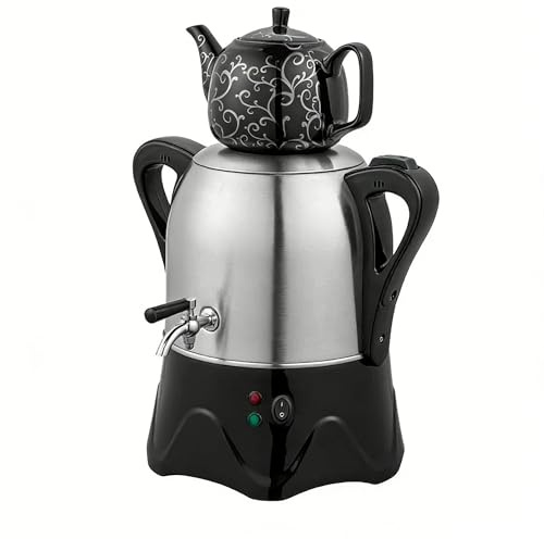 QINPI Machine à Thé Turque Électrique, Samovar en Acier Inoxydable 3L avec Théière en Céramique 1L, Bouilloire Double Niveau avec Robinet, Chauffage Rapide pour Maison & Bureau