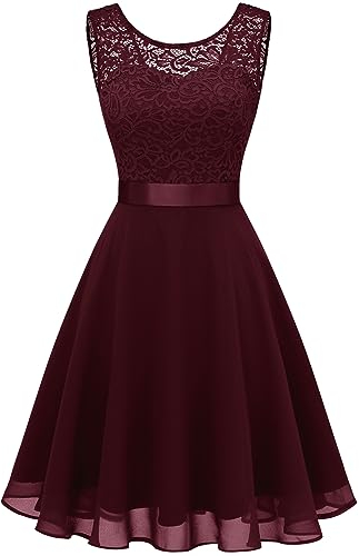 Berylove Damen Spitzenkleid Brautjungfer Elegant Party Knielang Cocktailkleid Chiffon Ärmellos Burgund BLP7005 B-Burgundy 3XL