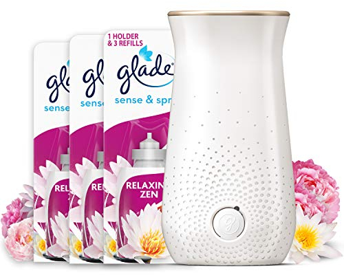 Glade Sense & Spray Holder and Refills, Motion Activated Automatic Room Spray and Odour Eliminator for Home, Relaxing Zen, 1 Holder and 3 Refills (3 x 18ml)