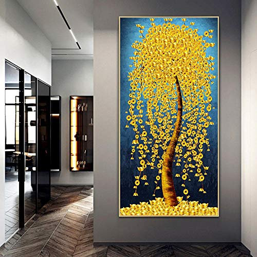 SXKJ Abstrakte Goldene Blätter und Geldbaum Gemälde auf Leinwand Poster Moderne Landschaft Wandkunst Bild Druck Dekoration 40x80cm Rahmenlos