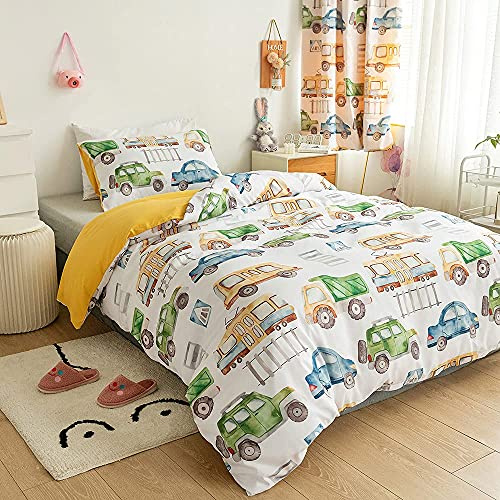 Set di biancheria da letto per bambini, 1 copripiumino e 1 federa per cuscino, motivo cartoon auto, autobus e camion, per ragazzi e ragazze, biancheria da letto morbida