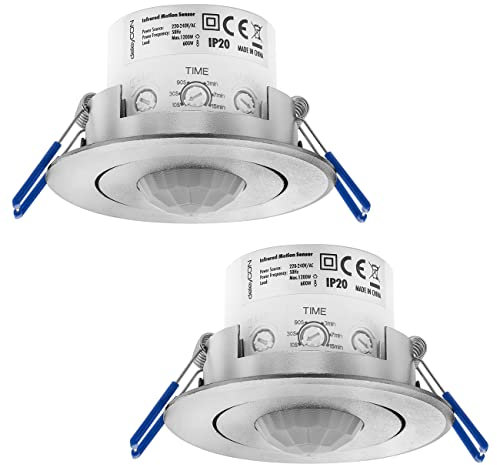 deleyCON 2X Infrarouge Détecteur de Mouvement de Plafond - Intérieur Portée 8m à 360° Luminosité Ambiante Réglable IP20 Montage Encastré Aluminium