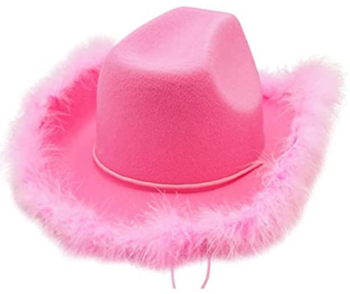 Tianbi Rosa Cowboyhut für Damen, Filz-Western-Cowboyhut mit Hals-Kordelzug, Krone, rosa Cowgirl-Hut, Cosplay-Party-Kostüm-Zubehör, Spielen für Frauen
