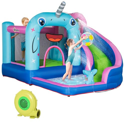 Outsunny Aufblasbare Hüpfburg mit Gebläse, Wasserspielcenter inkl. Sicherheitsnetz, Wasserrutsche, Spielburg Wasserpark für Kinder 3 bis 8 Jahre, 330 x 280 x 200cm
