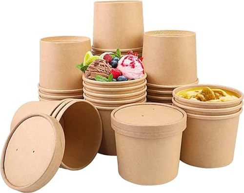 HOT BARGAINS 100 X 8oz/ 230 ml Brown Kraft Disposable Soup Cups Containers with Lids of Paper Soup Bowls Takeaway Tubs Deli Containers (8oz, 100, Count)