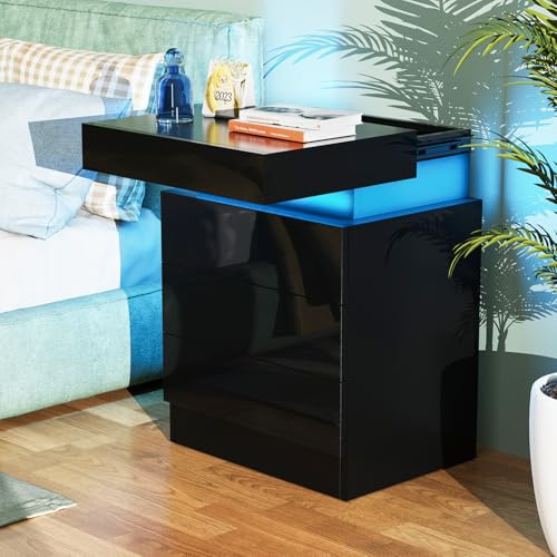 Lvhcmfohm Nachttisch Schwarz mit Led Licht, Nachttische, Nachtschrank mit 3 Schubladen und 16 Farben Beleuchtung (45x35x61cm)
