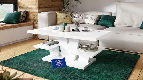 designimpex Viva Couchtisch Weiß Hochglanz 110x60cm eckig Couch Table Ablage Stubentisch Living Room Table Moderne Tische Wohnzimmertisch Beistelltisch Sofa Tisch Wohnzimmer