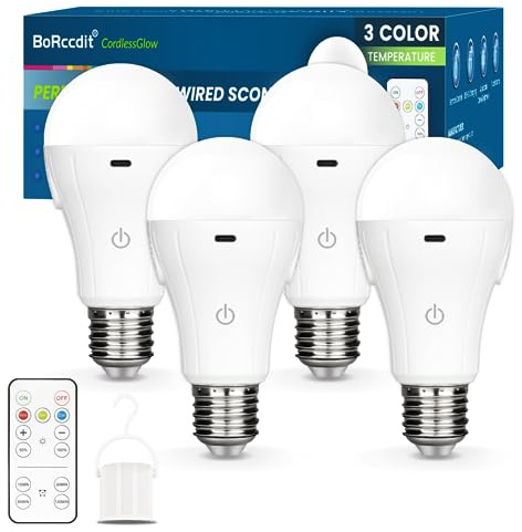 BoRccdit Bombilla recargable de 15 W LED 60 W equivalente, 3 colores, regulable con control remoto, batería recargable USB de larga duración de 24 horas, sin cable para apagones, camping, armarios