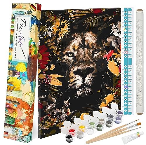 PicArt Malen nach Zahlen Set - Löwe 40cm x 50cm Leinwand – mit Acrylfarben & da Vinci Pinsel – Made in Germany, ohne Rahmen