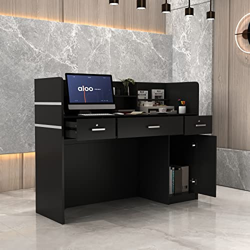 DEZAGCE Comptoir Réception, Comptoir de Réception Secrétariat, Bureau de Réception, Noir, 3 Tiroirs, 110X120X48 cm