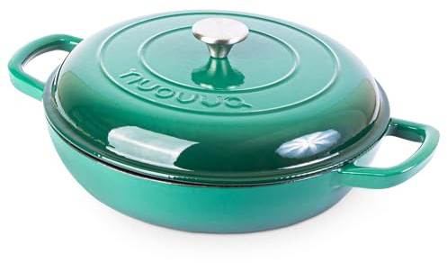 Cacerola de hierro fundido poco profunda con tapa, olla antiadherente para horno holandés, apta para horno hasta 260.0 °C, resistente al horno, olla esmaltada, verde oscuro, 30 cm Nuovva