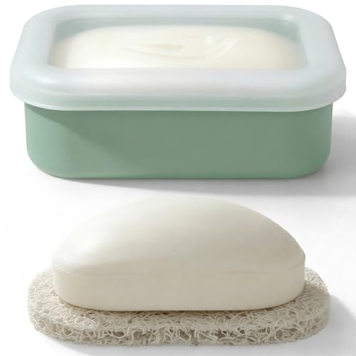 AIMAIMAIMAI Compact Leakproof Travel Soap Case, Silicone Travel Soap Bar Container, Portable Soap Box with Drainage Layer for Camping, Gym (Light Green)