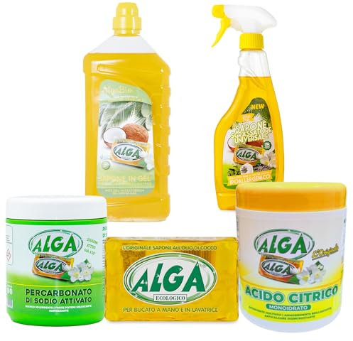 ALGA BIO KIT PULIZIA Sapone gel per bucato a mano e lavatrice, Sgrassatore universale, Sapone solido, Percarbonato di sodio attivato, Acido citrico - Box prodotti pulizia più richiesti