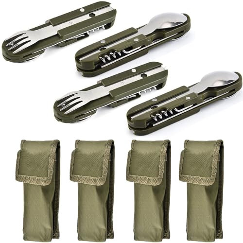 NIYATA 4Pcs Couvert Camping Pliable,Couvert Multifonction Camping 5 en 1,Couteau Cuillere Fourchette,Couvert Camping Inox pour Pique-niques,Camping,Activités Extérieures