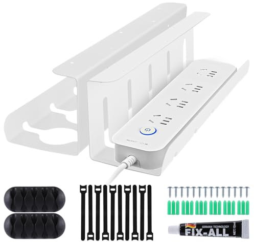 YOUNTHYE 2 Set Cable Management Under Desk, Cable Tidy Tray White Cables Management Tray Self Adhesive and Drilling Mounting, Wire Organiser Tray for Home & Office