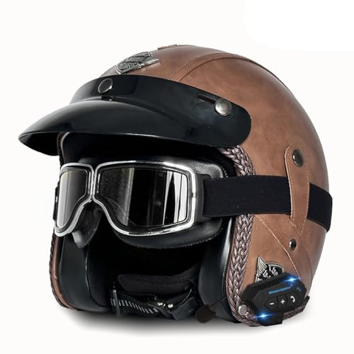 Bluetooth Jethelm mit Visier Retro Pilotenhelm Qualität nach ECE-Norm Roller-Helm für Frauen und Herren im Vintage-Look, Motorrad-Helm mit Schutzbrille