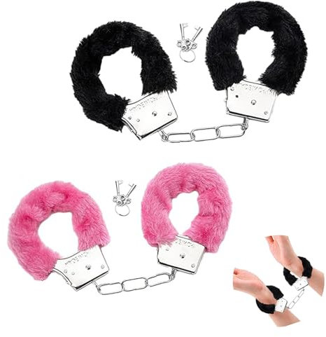 2 Paar Metall Handschellen mit Schlüssel Set, Plüsch Handschellen für Sexspiele, Cosplay Kostümzubehör Kinder Spielzeug für Kostümball Party Valentinstagsgeschenk (Pink&Schwarz)