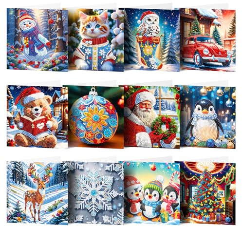 Embhlitfe 12 Stück Diamant Malerei Weihnachtskarten,Diamant Malerei Weihnachts Grußkarten mit Umschlag,DIY 5d Diamond Painting Grußkarten Weihnachten Karten für Freunde Familie Handgemachtes Geschenk