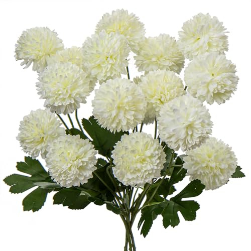 Oairse 4 racimos de flores artificiales de crisantemo con tallo de 60 cm de largo, flores de bola de crisantemo de seda blanca, hortensias de seda blanca, ramo de boda, arreglo floral para decoración