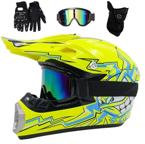 Juventud Enduro Integral Casco de Motocross, con Gafas Guantes Mascarilla, Unisexo Off Road ATV Moto Casco, BMX MTB Downhill Quad Dirt Bike Casco, Regalo para Niños Niñas(FF,S/52-53CM)