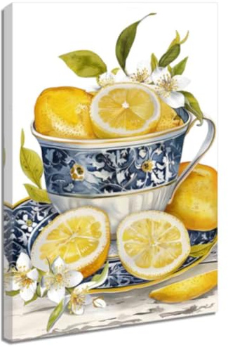 ZQQART Zitronen Blumen Leinwanddrucke Früchte in Teetasse Gemälde Kunstwerk gelber Zitronenbaum Bild Bauernhaus Küche Restaurant Kunstwerk (Gelb,30x45cm)