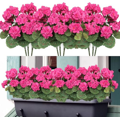 Weldomcor Künstliche Blumen, 6 Bündel im Freien und Innen Gefälschte Blumen, Geranie Blumen Dekoration Faux UV-beständige Geranienbusch für Garten Veranda Fenster Box Dekor, Rose Rot