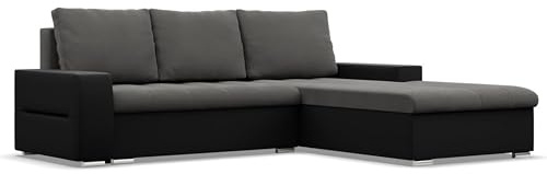 Mebligo - Ecksofa mit Schlaffunktion und Bettkasten Aurora, Eckcouch mit Ottomane Rechts, Sofa L Form (BxTxH) 243 x 200 x 92 cm, Couch Wohnzimmer, Ecke Sofa, Dunkelgrau + Schwarz (Samt und Kunstleder)