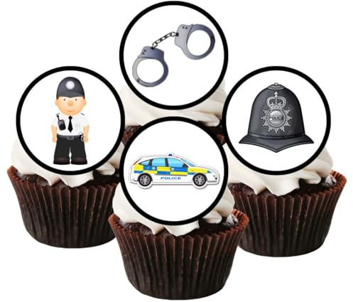 Police Edible Cupcake Toppers, Fun Emergency Services Cake Decorations With Police Car, Officer, Helmet & Handcuffs, For New Job, Birthday & Retirement (PRECUT, 12 x 5cm Discs)