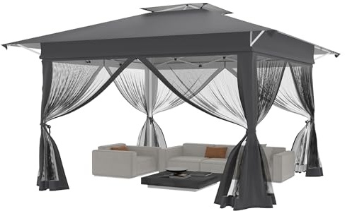 XMTECH Gartenpavillon 4x4m wasserdicht, Pop-Up Faltpavillon mit Doppeldach & 4 Moskitonetzen, UV-Schutz, windfest, höhenverstellbar 3-Stufen, robuster Rahmen & 210D Oxford-Gewebe, Anthrazit
