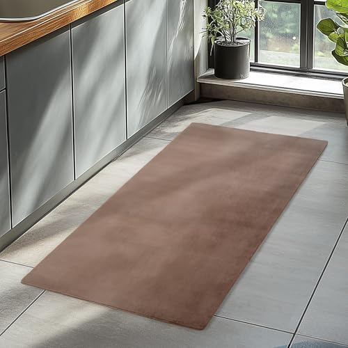 HomebyHome Läufer Teppich Braun 80x150 cm Waschbarer Kurzflor Teppich, rutschfest & weich, modernes einfarbiges Design für Schlafzimmer, Küche & Flur