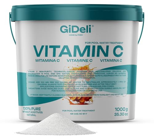 GiDeli Polvo de vitamina C, 1 kg, de alta pureza, para neutralización del cloro, para piscina, spa, jacuzzi, purificador de agua, acuario, agua de estanque