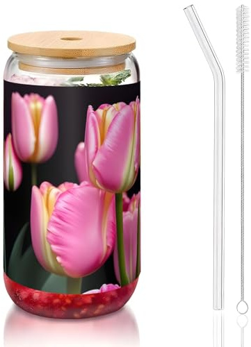 JEJEA Vasos de cristal con estampado de tulipanes y rosas con tapas de bambú y popotes, taza de café, tazas en forma de lata, vasos, cócteles, transparentes