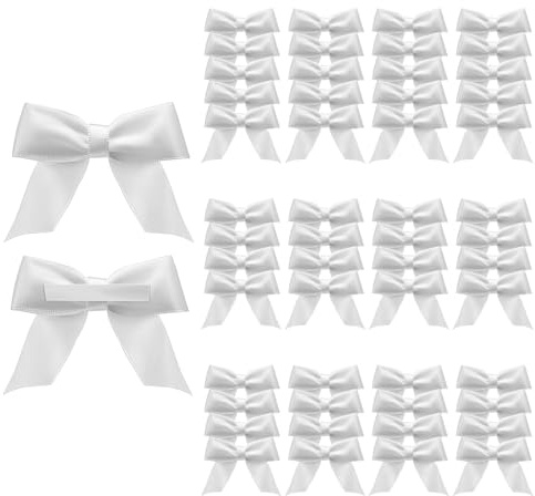 Acsatont 50 Stück Schleifen Kleine Deko, Satinband Schleifen Selbstklebend, Geschenkschleifen zum Basteln für Geschenkverpackungen, Valentinstag Hochzeit Weihnachten (Weiß)