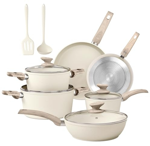 DishDelight Juego de ollas y sartenes antiadherentes para inducción de 12 piezas, juego de cacerolas con tapas, utensilios de cocina de granito, olla antiadherente, sartén