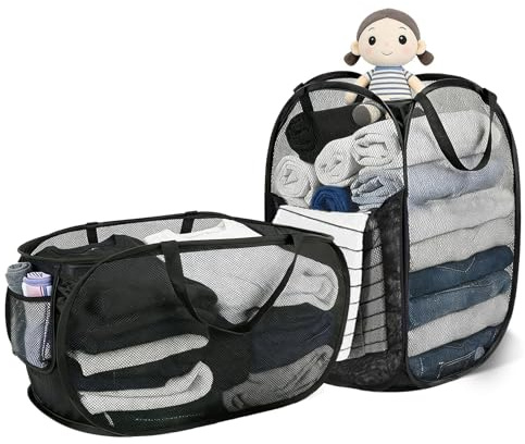 2 Stück Große Pop Up Wäschekörbe Faltbar 70–75 L Schwarz | Atmungsaktiv, Tragbar Faltbare Wäschekörbe mit Henkel und Seitentasche für Badezimmer Schlafzimmer Camping Dorm Reisen