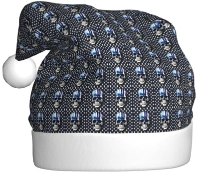 KLJnmbb Weihnachtsmütze für Erwachsene, mit blauen Streifen, Sternen, Totenkopf-Druck, festliche Kostüme, Weihnachtsmannmütze für Weihnachten, Urlaub, Party, Ball
