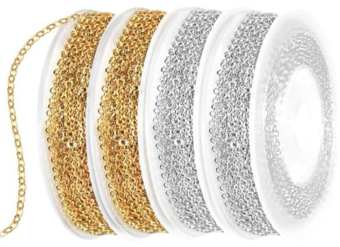 HONQX Gliederkette Gold Silber Chain 2mm, 12m Gliederkette Meterware Gold Silver Chains Schmuckkette zum Ketten Basteln & DIY Schmuck