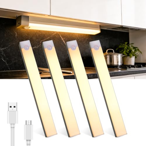 Lamptobe Luz LED Sensor Movimiento Cocina,3000K 4 Modos Recargable Luz de Armario,20CM Armario Luces Lampara LED Luces Armario Magnéticas,para Gabinete,Pasillo,Escalera,Sótano,Garaje-4 Piezas