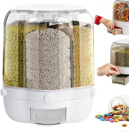Candy Dispenser 360° Rotating with 6 Compartments, Rotating Candy Dispenser with Lid, 6 Grid Rotating Food Dispensers, Transparent Dry Food Cereal Storage Container for Home Kitchen Organiser (L)