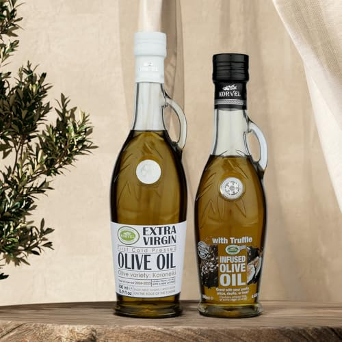 KORVEL Greek Olive Oil Gift Set – Extra Virgin Olive Oil 500ml (16.9 fl oz) + Truffle Flavored EVOO 250ml (8.45 fl oz) – Amphora Glass Bottles, 2-Pack