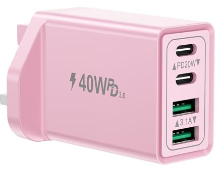 USB C Plug, 40W 4-Port Multi USB Plug UK Fast Charger Plug Dual Port USB-C Power Adapter + QC USB Wall Charger Head Multiport Type C Charging Plug for iPhone 16 15 14 13 12 11 Pro Max, iPad, Samsung