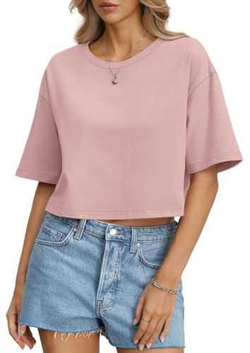 Tomwell Damen Baumwolle Crop Tops mit überschnittenen Schultern Locker T-Shirts Kurzarm Rundhals Tshirt Sommer Oberteile Rosa S