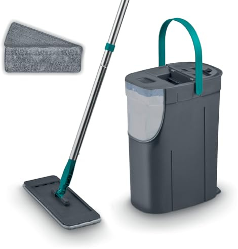 Tower Flat Mop and Bucket Set with 2 Washable Microfibre Mop Heads, Dual-Chambers, Clean & Dirty Water Separation, Removable Water Tank, 3 Part Handle, Anthracite & Teal, T769015TL