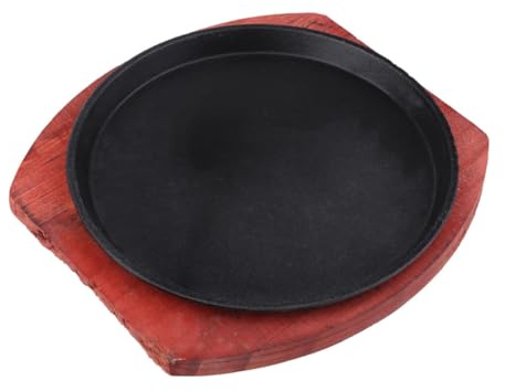 KAILIKETIY Padella in Ghisa Spessa Antiaderente 21 Cm con Vassoio da Portata in Legno, Piastra Rotonda per Grigliare Compatibile Induzione, Set Cucina per Bistecche e Barbecue Domestico