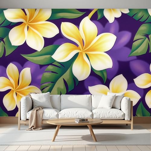 Hojas Palma Frangipani Papel Pintado Fotomurales Para, Vacaciones Tropicales Papel Tapiz Pintado En Tejido seda - Pared Moderna, Amarillo Murales Fotográficos Decorativos - 250 x 175 cm