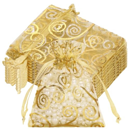 50 Stück Goldene Organzasäckchen 7x9 cm Organzabeutel Gold, Geschenktüten für Hochzeit, Druck Schmuckbeutel mit Kordelzug, Candy Tüten Geschenkbeutel Gold für Hochzeit Party Geburtstag Festival