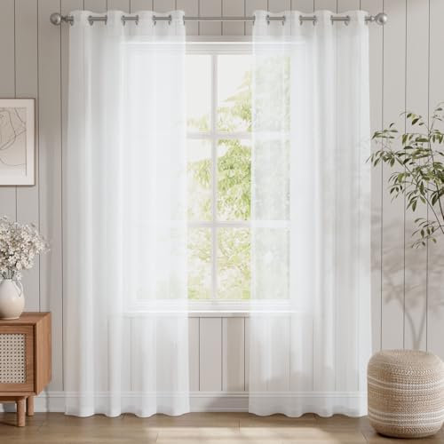 TOPICK Voile Vorhang Weiß Mit Ösen Sheer Vorhänge Transparent Gardine Gaze Paarig Ösenschals Lichtdurchlässig für Wohnzimmer Schlafzimmer Weiß 225 x 140 cm (H x B) 2er Set