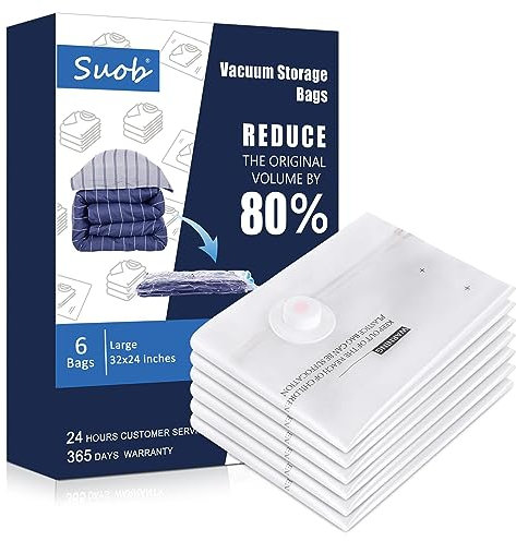 Suob 6 Pack Vacuum Storage Bags, 80 x 60cm Double Zip Seal Reusable for Bedding, Double Duvet, Pillows, Mattress, Quilt, Clothes, Sweaters, Dress, Coats, Curtains, Blankets”