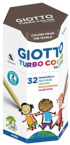 GIOTTO Turbocolor Skin Tones burk med 32 stycken (4 x 8 blandade färger), fiberpennor i hudfärger, fin spets, diameter spets 2,8 mm, förpackning av 100% återvunnen kartong